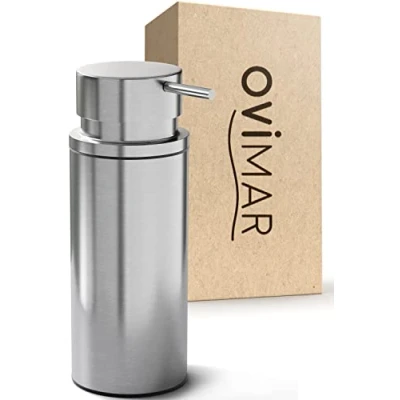 Immagine di ovimar dispenser di sapone Sletterhage argento acciaio inox a libera installazione senza foratura con apertura extra large facile da riempire per il bagno o la cucina