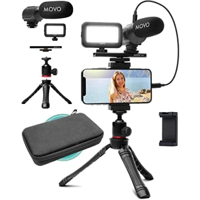 Immagine di Movo iVlogger Kit Para iPhone: de Vlogging compatible con Lightning Accesorios: Micrófono Direccional, Luz LED, Trípode teléfono y Soporte YouTube o