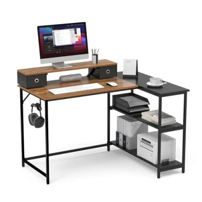 Immagine di Mondeer Corner Desk L Shaped 120cm Scrivania angolare a Forma di L, 120 cm, Legno ingegnerizzato Metallo, Marrone Rustico e Nero, x 90 90cm