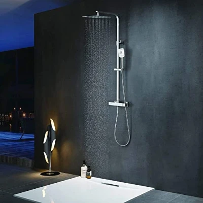 Immagine di Sistema doccia ELBE in acciaio inox, con termostato, a pioggia, doccetta, soffione quadrato 25 x cm.