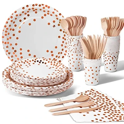 Immagine di Nkaiso Oro Rosa Stoviglie per Feste 140 Pezzi Carta Set Include Piatti di Tovaglioli Tazze stoviglie, Nuziale Doccia, Fidanzamento, Matrimonio, Compleanno(20 Ospiti)