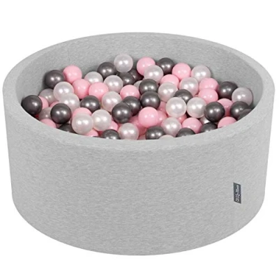 Immagine di KiddyMoon 90X40cm/300 Palline ∅ 7CM Piscina di Colorate per Bambini Tondo Fabbricato in EU, Grigio Ch:Perla/Rosa Ch/Argento