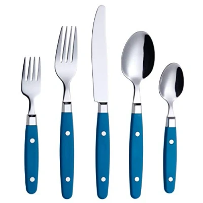 Immagine di Annova, set di posate in acciaio inox con manico colorato rivetto/posate stile retrò (Blue, 20 Pieces)