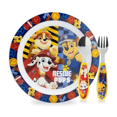 Immagine di Sorrisini Set Stoviglie Bambini Piatti per asilo, scoula Pappa Bimbo piatto, posate in acciaio inox Svezzamento Prima plastica dura riutilizzabile Paw Patrol