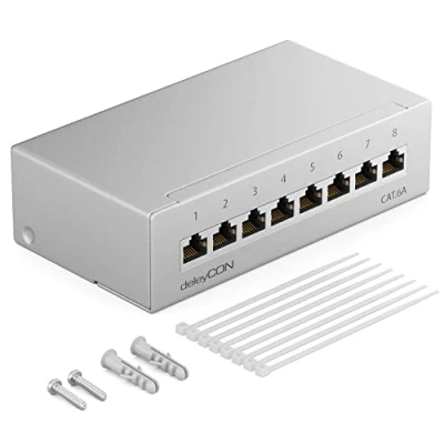 Immagine di deleyCON CAT 6a Pannello Patch Distribuzione con 8 Porte 1RU Montaggio a Parete e Desktop Schermatura Prese RJ45 Cavi d&#039;Installazione Rete Ethernet TIA568A TIA568B in RAL7035 Grigio Chiaro