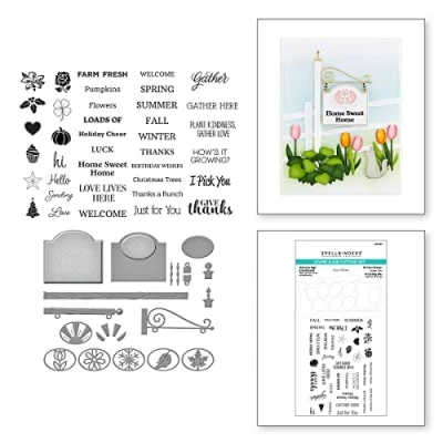 Immagine di Spellbinders Welcome Sign &amp; Sentiments by Annie Williams Clear Stamp Die Set, metallo