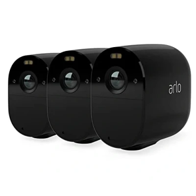 Immagine di Arlo Essential Telecamera WiFi Esterno Senza Fili, Interno, 1080p HD, Visione Notturna, Sirena, Allarme Casa, Sensore Di Movimento, Prova Inlcusa Secure, 3 Telecamere, Nere