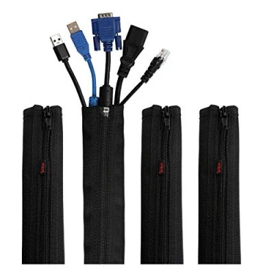 Immagine di Hikig Manicotto per la gestione dei cavi, sistema organizer in nylon, da 49,5 cm, con cerniera, copertura avvolgicavo, manicotti TV, computer, ufficio, intrattenimento