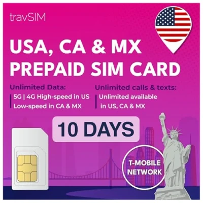 Immagine di travSIM USA, Canada Messico SIM Card Rete T Mobile 50GB di dati per gli 5GB e Chiamate ed SMS nazionali illimitati Valido 10 giorni