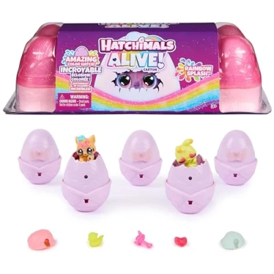 Immagine di Hatchimals Alive, cartone di uova giocattolo Rainbow Splash con 5 mini personaggi in colore a sorpresa e 10 accessori, giocattoli per bambine bambini dai 3 anni su