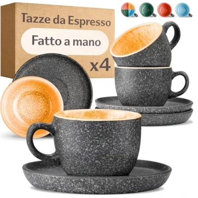 Immagine di Cosumy Set di 4 Tazzine da Espresso con Piattini 90ml in Ceramica Gres Spesso Smalto Reattivo Artigianale Mantiene il Calore a Lungo (Giallo)