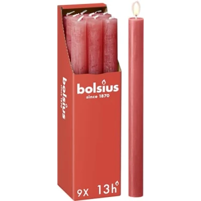 Immagine di Bolsius Candele rustiche rosa 9 pezzi 27 x 2,3 cm Lunghezza durata 13 ore Non profumate Contiene cera vegetale naturale Senza olio di palma