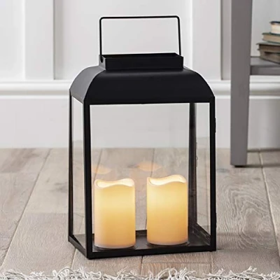 Immagine di Lights4fun Lanterna Grande in Metallo Nero di 35 cm con Candela LED a Pile per Interni ed Esterni