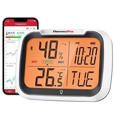 Immagine di ThermoPro TP393 Termometro Ambiente Digitale Misuratore di umidità, Portata Bluetooth 80 m, Display Della Temperatura Dell&#039;igrometro Dell&#039;orologio Ricaricabile Retroilluminato