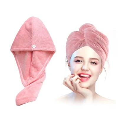 Immagine di Xkzhrr 2 Pezzi Asciugamano Capelli in Microfibra Asciugare Rapidamente i Bagnati senza Crespo, Morbido turbante capelli,turbante asciugacapelli,con Chiusura a Bottone(rosa)