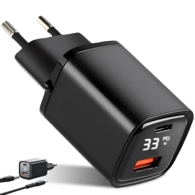 Immagine di caricatore rapido USB C da 33 W con display a LED, 2 porte, QC PD, adattatore di ricarica universale, C, compatibile telefoni cellulari, fotocamera, tablet, ecc