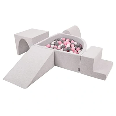 Immagine di KiddyMoon Area di Gioco in Schiuma con Quarto Angolare Piscina Palline (200 Palline) per Bambini, Grigioch:Bianco/Grigio/Rosa Chiaro