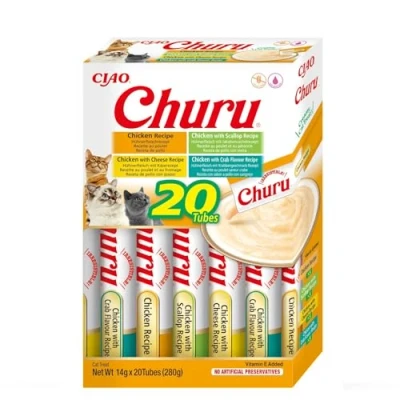Immagine di INABA Churu Snack per Gatti Cremoso in 4 Varietà al Pollo 20 Stick x 14g Cibo da Leccare, Sano e Delizioso Gatto Senza Conservanti o Coloranti Artificiali, Grain Free