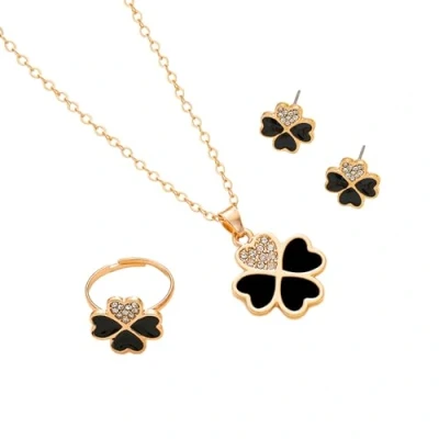 Immagine di AOWVUTS Parure Gioielli Donna Quadrifoglio Set di Zirconi Pendente Ciondolo Catena Regolabile Collana Orecchini Anello Fortunati per Ragazze (Nero)