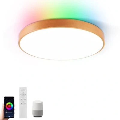 Immagine di Plafoniera intelligente LED WiFi con telecomando, lampada da soffitto in legno di faggio naturale compatibile Alexa Google Home, luce cambia colore dimmerabile per la camera letto