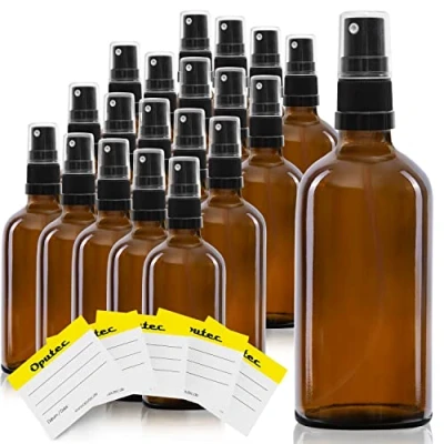 Immagine di Oputec 20 flaconi spray in vetro da 100 ml con nebulizzatore e etichette per l&#039;etichettatura, bottiglie di ambrato pompetta fine