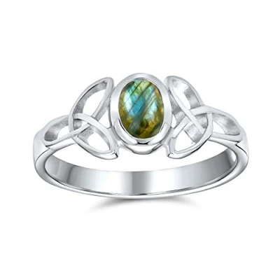 Immagine di Anello Delicato Con Nodo Della Trinità Triquetra In Labradorite Celtica Iridescente Per Donne Adolescenti. Sottile Argento Sterling .925