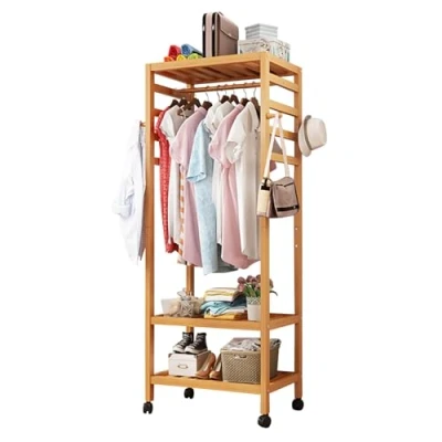 Immagine di appendiabiti in bambù, scaffale per abiti, scarpiera, con 4 ganci, asta superiore, 3 ripiani, ruote, rotelle appendere gli appendiabiti, organizer riporre abiti