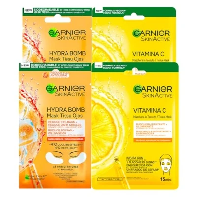 Immagine di Garnier SkinActive Hydra Bomb Maschera Occhi contro Occhiaie con Succo d&#039;Arancia e Acido Ialuronico Effetto Ghiaccio 4 Patch + Vitamina C Viso in Tessuto Idratante Illuminante 2 Maschere