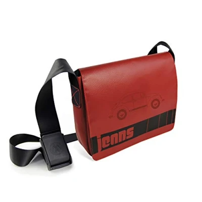 Immagine di Brisa VW Collection Volkswagen Borsa a tracolla piccola in jeans e telone da camion Maggiolino Beetle design 28 x 23 17 cm (Jeans Beetle/Rosso)