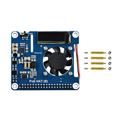 Immagine di Waveshare Power Over Ethernet HAT for Raspberry Pi 3B+/4B, 802.3af Compliant with OLED real time Monitoring Temperature, IP, and Fan Status