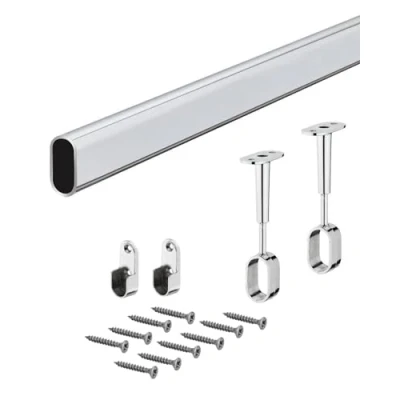 Immagine di GEDOTEC Appendiabiti ovale 2000 mm con 2 pezzi Attacco a parete laterale Tubo e montaggio soffitto Acciaio Cromato per armadio 30 x 15 1 Set