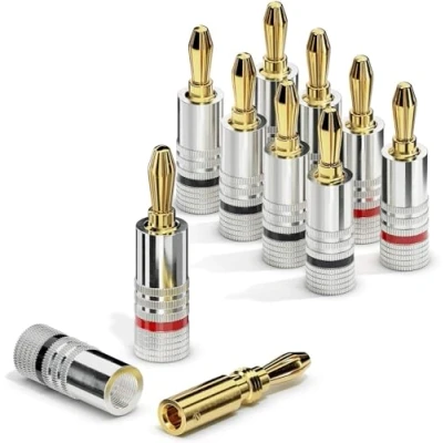 Immagine di ETEC spine a banana, adatte per cavi altoparlanti con sezione fino 6 mm², dritte codifica colori (4x rosso, 4x nero), set da 8, placcato oro 24k