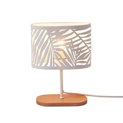 Immagine di OuXean Piccola lampada da comodino, scrivania E14 con base in legno e paralume metallo per camera letto, dei bambini, bar, bianco (senza lampadine)