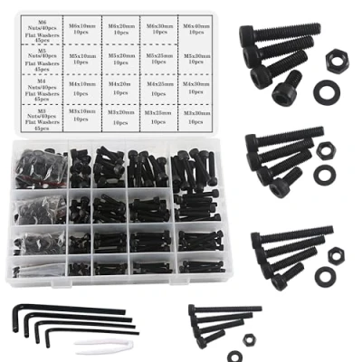 Immagine di huruirui Bulloni e Dadi Viti M3 M4 M5 M6 Nero Incassato Set, 500Pezzi In Acciaio al Carbonio Assortimento di Viti, Esagonale con Meccanico Bullone Rondelle Chiave Inglese Kit