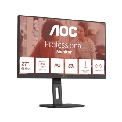 Immagine di AOC U27E3UF Monitor UHD da 27 pollici, altezza regolabile, altoparlanti, Adaptive Sync (3840x2160.4K, 60 Hz, DisplayPort, 2x HDMI, hub USB) nero