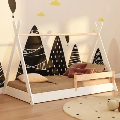 Immagine di smartwood Lettino bambino a terra TIPI F 80x160 con rete doghe e sponda Letto Montessori bambini Casetta per ragazzi ragazze Singolo in compensato di pino 160x80 Bianco