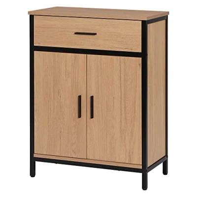 Immagine di EUGAD Mobile per Bagno da Terra, Armadietto a 2 Ante in Legno e Metallo, Mobiletto Salvaspazio con Cassetto Ripiano Regolabile, Stile Industriale, Marrone Nero 60x30x80 cm