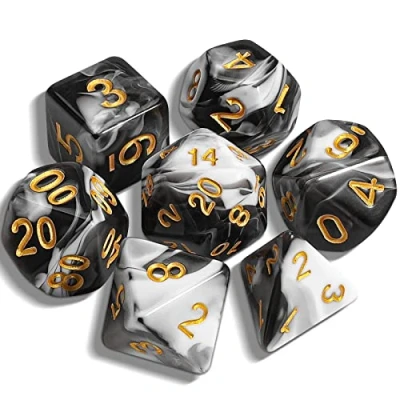 Immagine di QMAY DND Dice Set di 7 dadi poliedrici per Dungeon e Dragons MTG RPG D&amp;D D20, D12, D10, D%, D8, D6, D4 (nero bianco)
