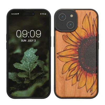 Immagine di kwmobile Custodia Compatibile con iPhone 15 Cover Back Case in Legno Bumper Silicone TPU Sunflower giallo/marrone scuro/marrone chiaro