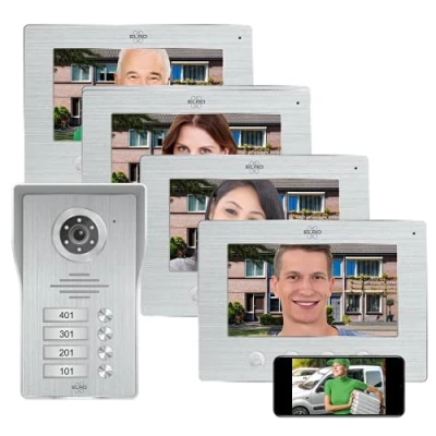 Immagine di ELRO DV477IP4 4 Famiglie con Schermo 4X 7 Pollici Color Night Vision visualizzazione dal Vivo e Comunicazione Via App, Alluminio Spazzolato, Appartamenti