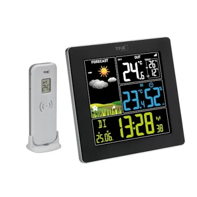 Immagine di TFA Dostmann Stazione meteo con sensore esterno SUN2 digitale, 35.1174, per temperatura interna ed esterna, ampio display a colori, clima interno, incluso orologio radiocontrollato data