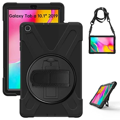 Immagine di Gerutek Custodia Cover per Samsung Galaxy Tab A 10.1 2019 (SM T510/T 515), Protettiva Antiurto con Supporto Rotante 360 e Cinghia Mano/Spalla 10.1, Nero