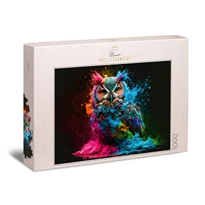 Immagine di Ulmer Puzzleschmiede Puzzle &quot;uccello notturno colorato&quot; Ritratto di gufi con esplosione colore brillante come da 1000 pezzi Motivo gufo della collezione Colori &amp; Fantasy
