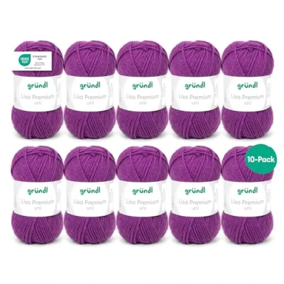 Immagine di Gründl Lisa Premium Uni Filato per Maglia e Uncinetto (Filato Lavabile di Facile Manutenzione in 100% poliacrilico, 50 g/ 133 m, Dimensione dell&#039;ago: 3.5 4.5, 10 gomitoli á g), Viola