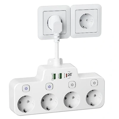 Immagine di Ciabatta Multipresa con USB C 20W, Elettrica a 4 Posti (schuko 16A/4000W) Interruttore, Protezione Sovratensione, Presa USB, Cavo 0.1m, Bianco