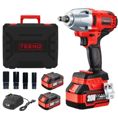 Immagine di TEENO Chiave a impatto senza fili Brushless 1/2&quot; 600Nm 20 V con 2 x 4000 mAh Batteria, Avvitatore urto 4 boccole (17/19/21/22 mm), per l&#039;automobile e l&#039;uso domestico (due batterie)