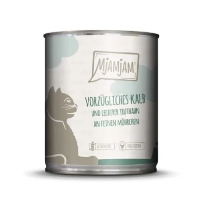 Immagine di MjAMjAM cibo umido premium per gatti ottimo vitello e tacchino con deliziose carote, confezione da 6 (6 x 800 g), senza cereali carne extra