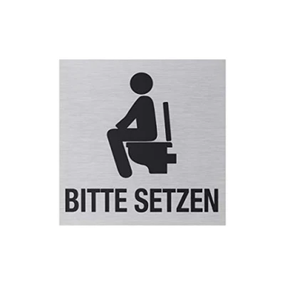 Immagine di Metafranc Cartello adesivo &quot;Bitte setzen en&quot; 80 x mm in alluminio moderno effetto acciaio inox retro autoadesivo/segnaletica/cartello informativo/targhetta per WC / 507180