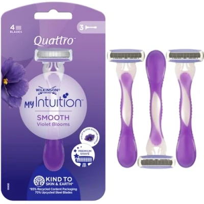 Immagine di Wilkinson Sword Quattro My Intuition Smooth Violet Blooms Rasoi usa e getta depilatori femminili a 4 foglie idratanti per depilazione da donna pelle sensibile, 3 pezzi