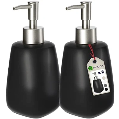 Immagine di KADAX Dispenser di Sapone Liquido 400 ml, Dosasapone in Ceramica, Portasapone per Detersivo Piatti, Accessori Bagno e Cucina (Set 2, Nero)